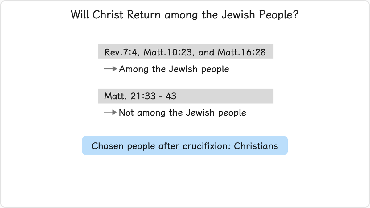 Some Christians expect that Christ will come again among the Jewish people, based on such passages as Rev. 7:4, Matt. 10:23,…